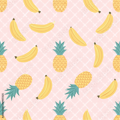 Cute tropical fruit pattern with pineapples, bananas and pink background in a diamond grid layout. Perfect for kids wallpaper and clothing prints