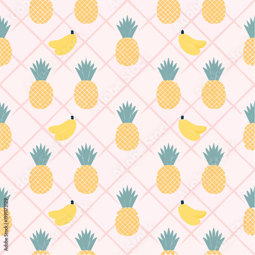 Cute tropical fruit pattern with pineapples, bananas and pink background in a diamond grid layout. Perfect for kids wallpaper and clothing prints