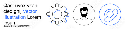 Business services, user interface, technology design, tech support, communication systems, digital tools. Gear, user profile and phone icons in a clean outline style. Technology design and tech