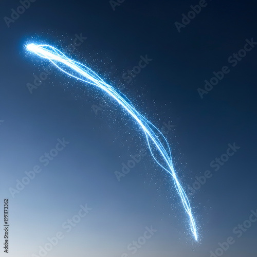 Dynamic blue energy wave with shimmering particles, gracefully curving to depict abstract digital flow and futuristic motion on a clean gradient background