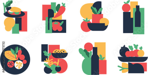 Abstract food compositions with fruits vegetables and organic ingredients modern flat design healthy nutrition vector illustration set