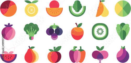 Colorful flat fruit and vegetable icons set with apple kiwi broccoli watermelon and fresh healthy food vector illustration