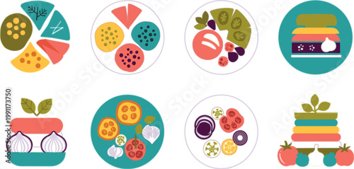 Healthy food plates and layered meals with fruits vegetables and organic ingredients balanced nutrition flat vector illustration set