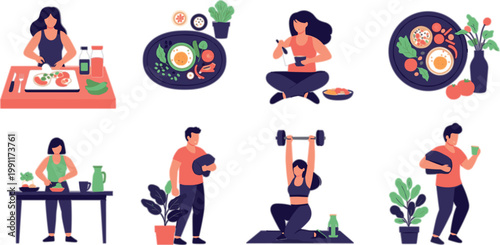 Healthy lifestyle scenes with cooking fitness workouts balanced meals and nutrition habits modern flat vector illustration set