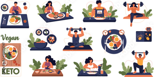Healthy lifestyle scenes with vegan keto meals fitness workouts cooking and nutrition habits flat vector illustration set