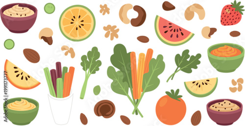 Healthy snack and food ingredients set with fruits vegetables nuts dips and fresh organic nutrition flat vector illustration