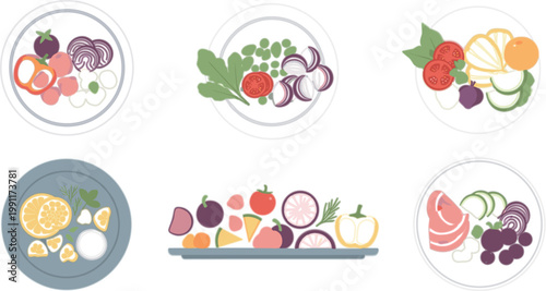 Healthy meal plates with fruits vegetables and protein ingredients balanced diet nutrition flat vector illustration collection