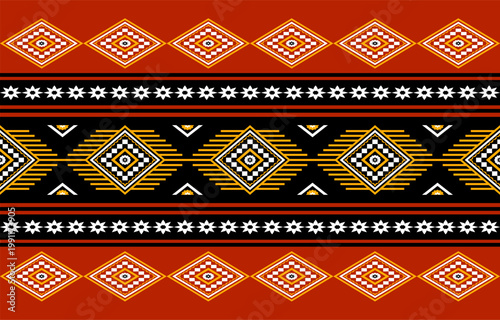 Ethnic geometric seamless pattern with traditional tribal motifs in horizontal stripes. Featuring bold red, black, white, and yellow tones with symmetrical diamond shapes. Inspired by woven textile an