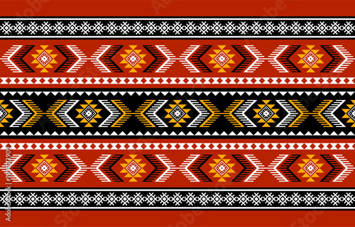 Ethnic geometric seamless pattern with traditional tribal motifs in horizontal stripes. Featuring bold red, black, white, and yellow tones with symmetrical diamond shapes. Inspired by woven textile 
