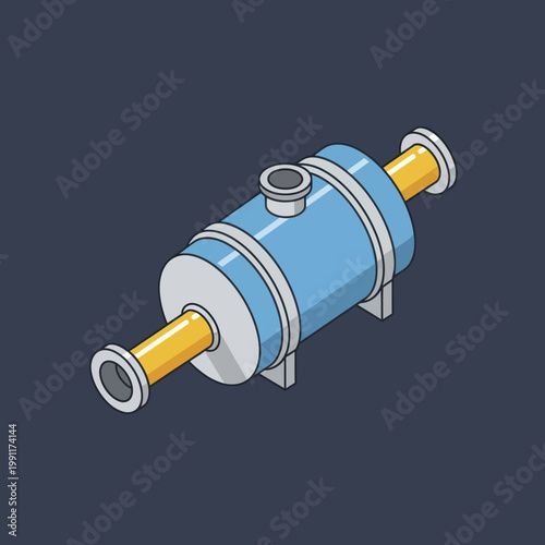 Industrial Blue Tank with Yellow Flanges Isometric View.