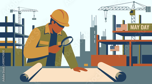 Construction Worker Examining Blueprint at Building Site Vector