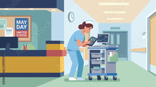 Nurse in blue scrubs using tablet at mobile medical cart in hospital