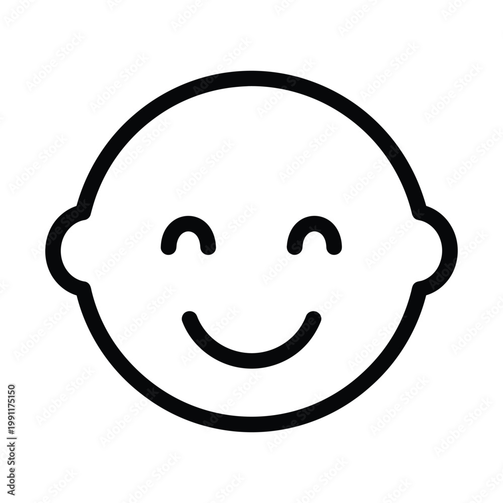 Obraz premium Minimalist baby face icon vector, cute infant head outline with happy smile, simple newborn character line art, black and white toddler avatar for parenting apps and nursery decor