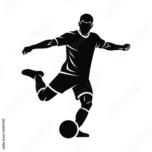 Soccer player silhouette kicking ball, black and white football athlete vector illustration, dynamic sports action figure icon, professional soccer striker graphic for logo