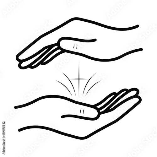 Religious Christian cross icon protected by human hands, minimalist black line art vector illustration of faith and hope, spiritual healing and divine protection concept graphic