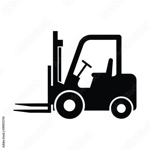 Industrial forklift truck icon, black silhouette of warehouse loader vehicle, heavy machinery vector for logistics and shipping, material handling equipment for factory storage