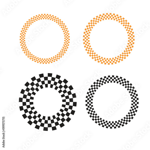 Four circular patterns with checkered and dotted designs against a white background