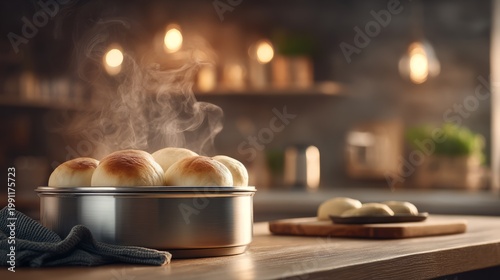 Steaming Tray of Freshly Prepared Bread Rolls on Flat Wooden Surface