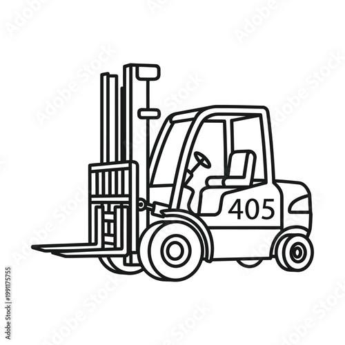 Industrial forklift truck vector illustration, heavy machinery line art icon for warehouse logistics, 405 numbered lift truck equipment for shipping and distribution services