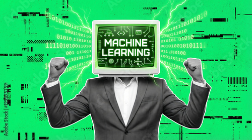 Confident professional in a suit with a monitor head displaying 