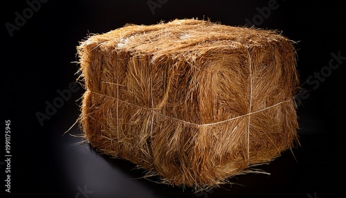 A Cubic Hay Bale Golden Brown With Visible Straw Strands Isolated On Black