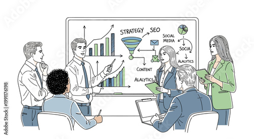 Business team analyzing strategy, SEO, social media, and analytics on whiteboard