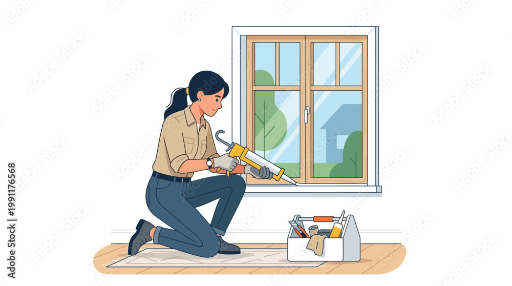 Fototapeta premium Female Handyperson Sealing Window with Caulking Gun. Home Renovation, Maintenance, and Weatherization Illustration.