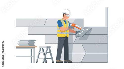 Construction Worker Applying Adhesive to Modern Wall Panels Illustration