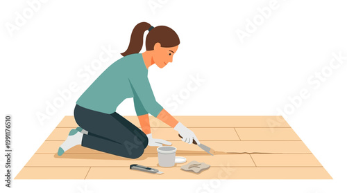 Woman Repairing Wooden Floor Crack with Putty Knife Illustration - Home DIY Maintenance and Renovation Concept