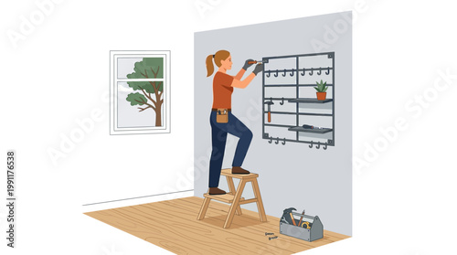 Young Woman Installing Wall Organizer Grid in Home Interior, DIY Home Improvement Illustration