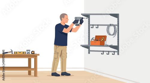 DIY Home Improvement Man Installing Wall Shelves with Power Drill in Garage Workshop. Handyman Assembling Storage Rack Vector Illustration for Renovation and Organization.