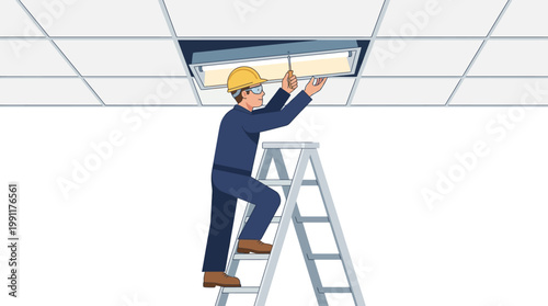 Professional Electrician Fixing Fluorescent Ceiling Light in Office Building, Maintenance Worker on Ladder Repairing Electrical System Illustration