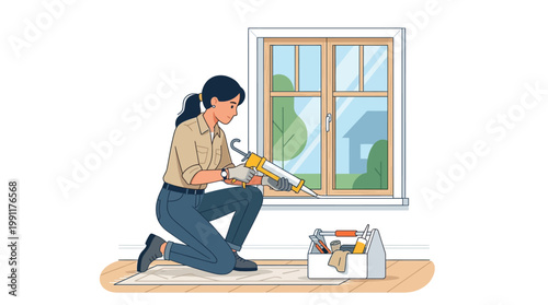 Female Handyperson Sealing Window with Caulking Gun. Home Renovation, Maintenance, and Weatherization Illustration.