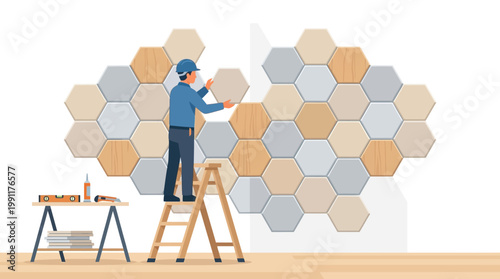 Professional Handyman Installing Hexagonal Decorative Wall Panels on Stepladder