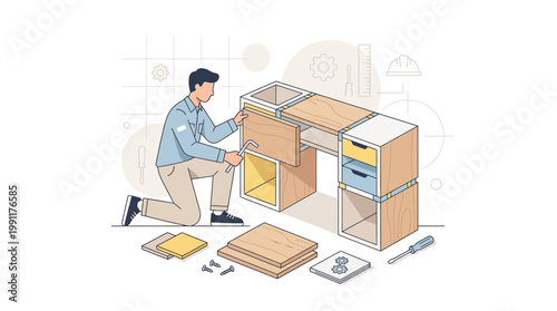 Man Assembling Modular Wooden Desk with Tools, DIY Furniture Assembly Concept Illustration for Home Improvement and Craftsmanship