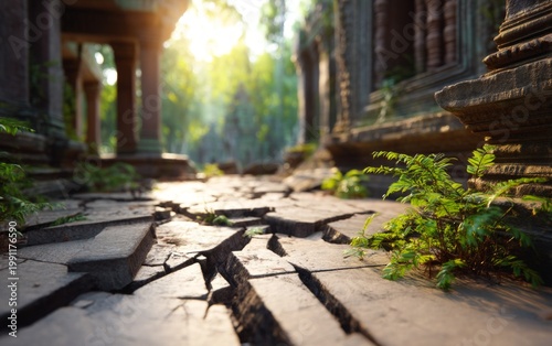 Cracked Ancient Temple Courtyard with Shifting Stone Slabs and Greenery
