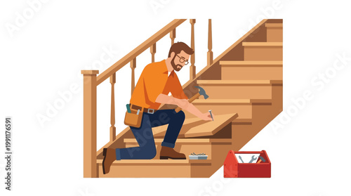 Carpenter Repairing Wooden Stairs with Hammer and Nails Vector Illustration for Home Improvement