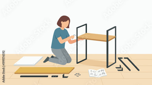 Woman Assembling DIY Wooden Bookshelf Furniture at Home Flat Vector Illustration