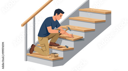 Man Repairing Wooden Stairs with Hammer and Nails Illustration, Handyman Fixing Staircase, Home Improvement and Renovation Concept, Isolated on White