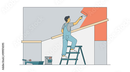 Home Renovation and Wall Painting Concept Illustration - Professional Painter Using Roller and Ladder to Paint Interior Room Wall