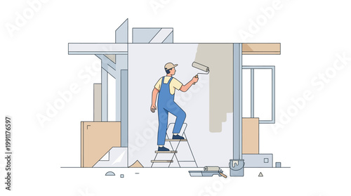 Professional House Painter Character Painting Interior Wall on Ladder Illustration - Home Renovation and Improvement Construction Concept Flat Design Vector