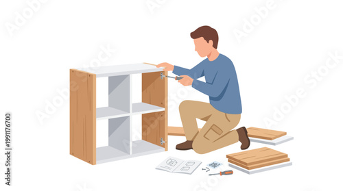 Man Assembling Wooden Shelf Unit, DIY Furniture Assembly Vector Illustration, Handyman Working with Screwdriver and Instruction Manual