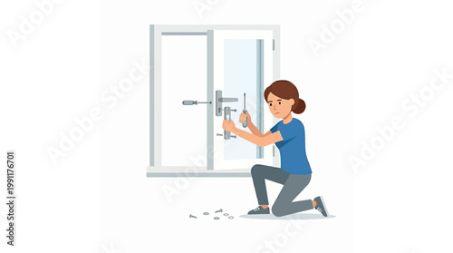 Woman Repairing Door Handle with Screwdriver Vector Illustration - DIY Home Improvement and Maintenance Concept - Locksmith Services and House Repair