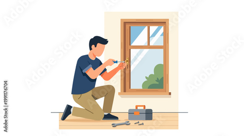 Man Repairing Window Illustration: Professional Handyman Fixing Wooden Window Frame with Tools. Vector Flat Design for Home Maintenance and DIY Concepts.