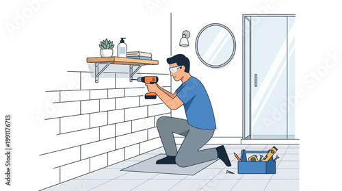Man Installing Wooden Shelf in Bathroom with Electric Power Drill, DIY Home Improvement and Renovation Illustration