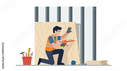 Construction Worker Installing Wall Panels with Caulking Gun Flat Vector Illustration - Home Renovation and Professional Handyman Service Concept