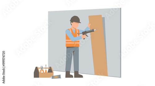 Construction Worker Installing Wood Panel with Adhesive Gun Illustration