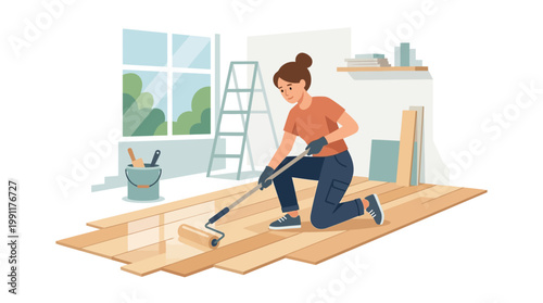 Woman Applying Varnish to New Wood Parquet Flooring, DIY Home Renovation and Interior Improvement Concept Illustration