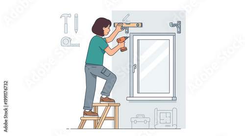 Woman Installing Curtain Rod on Window, DIY Home Improvement and House Renovation Concept Illustration
