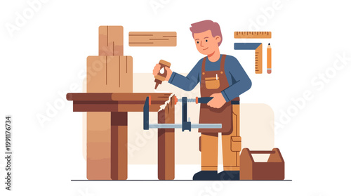 Professional Carpenter Working in Woodworking Workshop Flat Vector Illustration. Craftsman Applying Wood Glue and Using Clamps on Workbench for DIY Furniture Project.